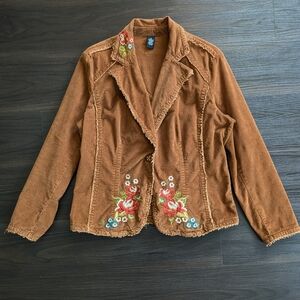 KIKIT Vintage Women's Y2K Embroidered Corduroy Blazer Rust Orange Jacket Size XL